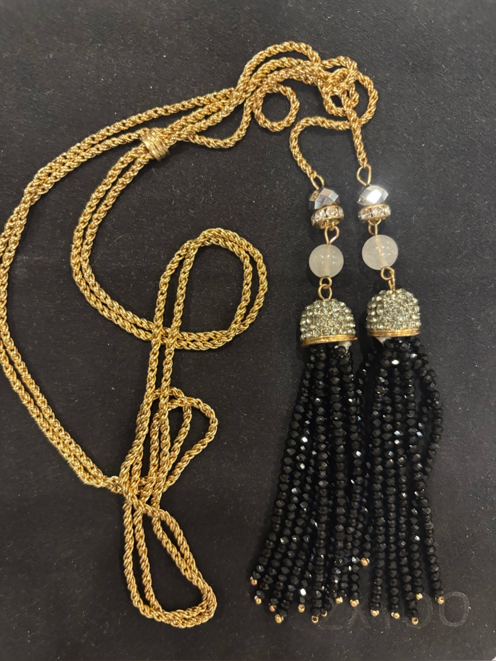 Gold Rope Necklace with Black Beaded Tassels